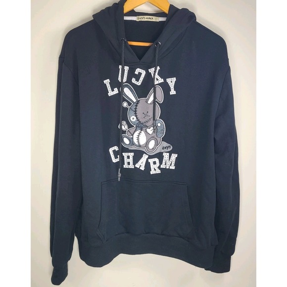 Lucky Charm Voodoo Doll Bunny Graphic Hoodie Black Unisex Med Embellished Cotton - Picture 1 of 6
